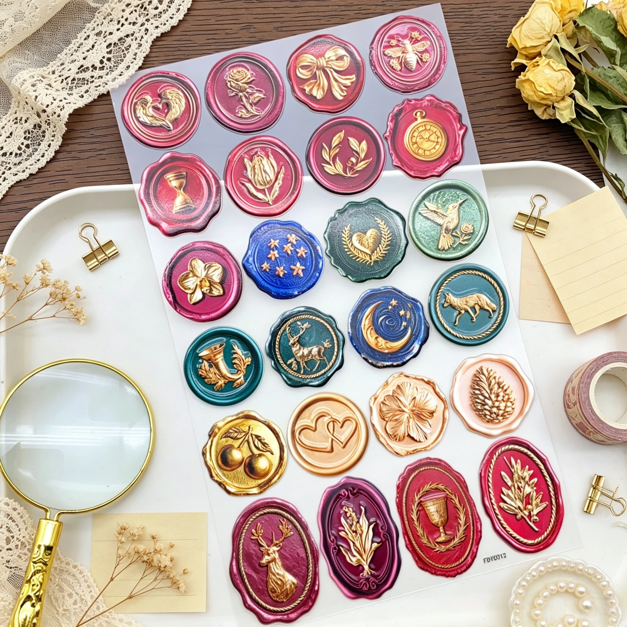 1 sheets vintage-style embossed wax seal-effect stickers for phone cases and notebooks.