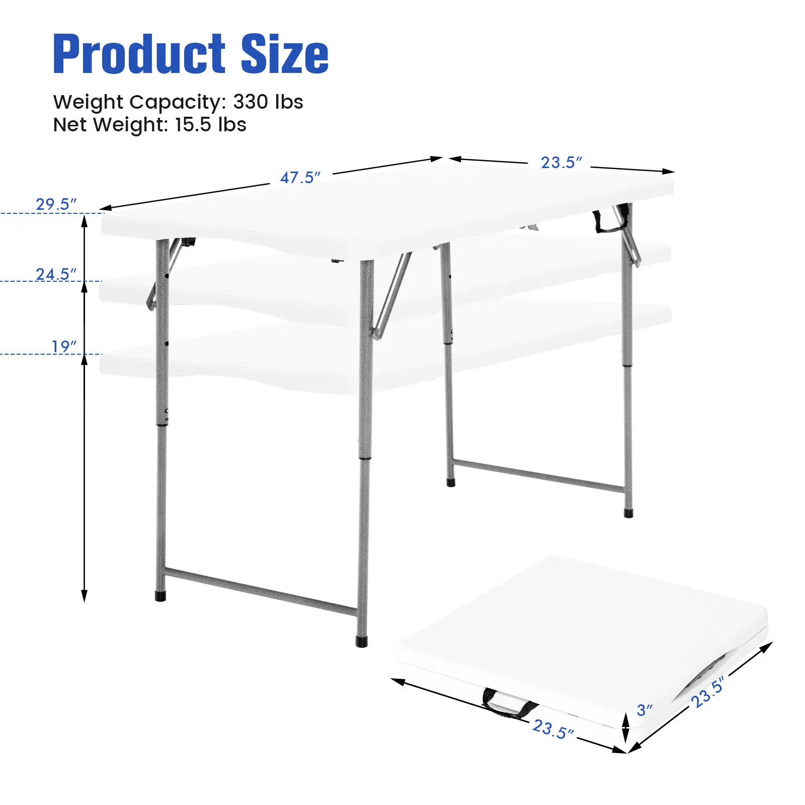 Costway Folding Table Portable Bi-fold Picnic Dining Table w/ 3-Level Height Adjustment