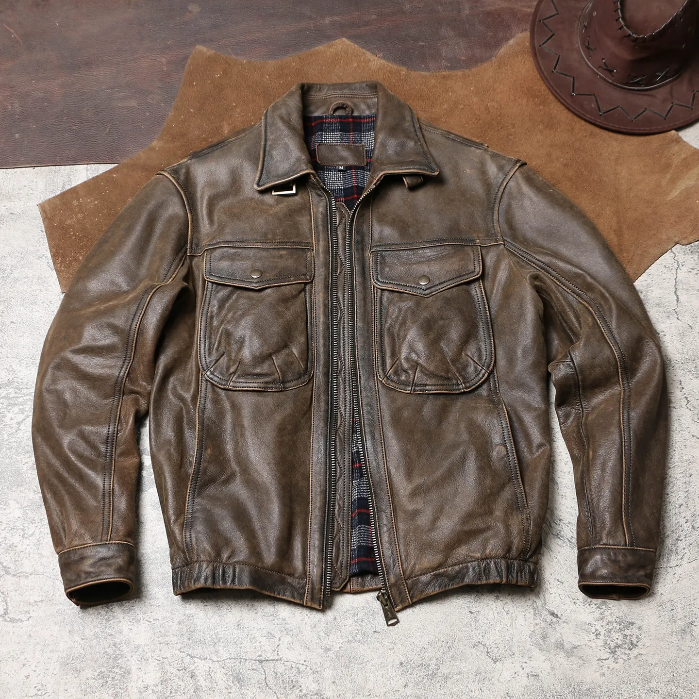 Tailor Brando Washed Distressed Cowhide Men's Relaxed Fit Cropped Genuine Leather Jacket