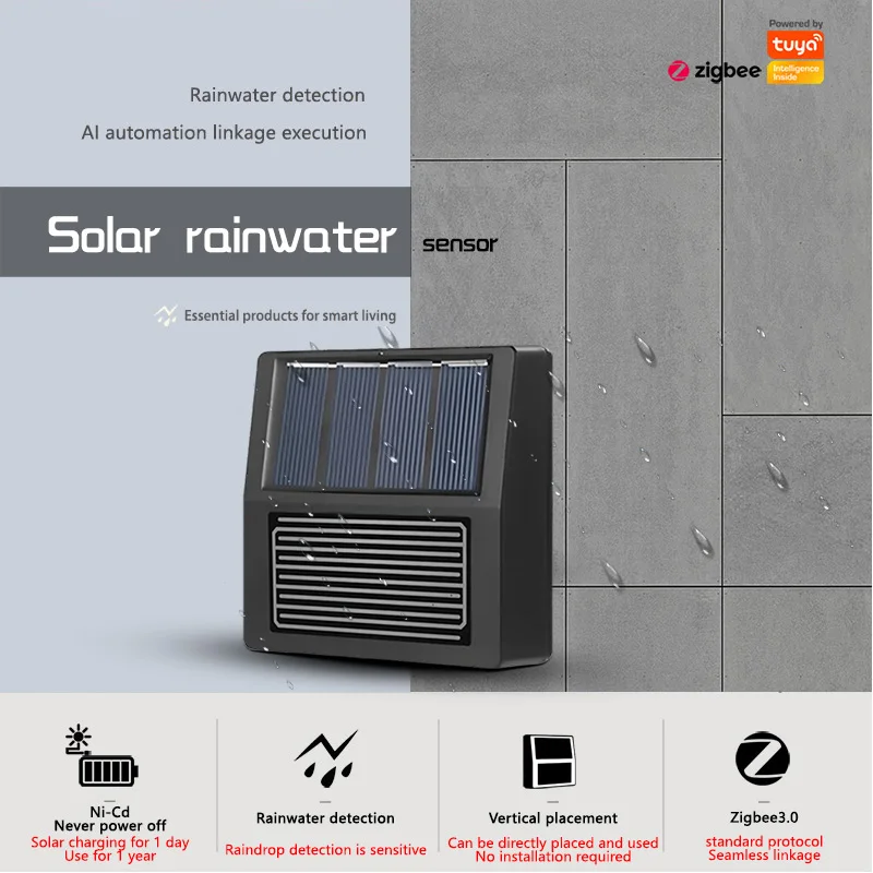 Tuya Zigbee Rain Sensor Real-Time Rain Alerts Smart Home Integration, IP65 Waterproof, Solar-Powered for Garden & Irrigation