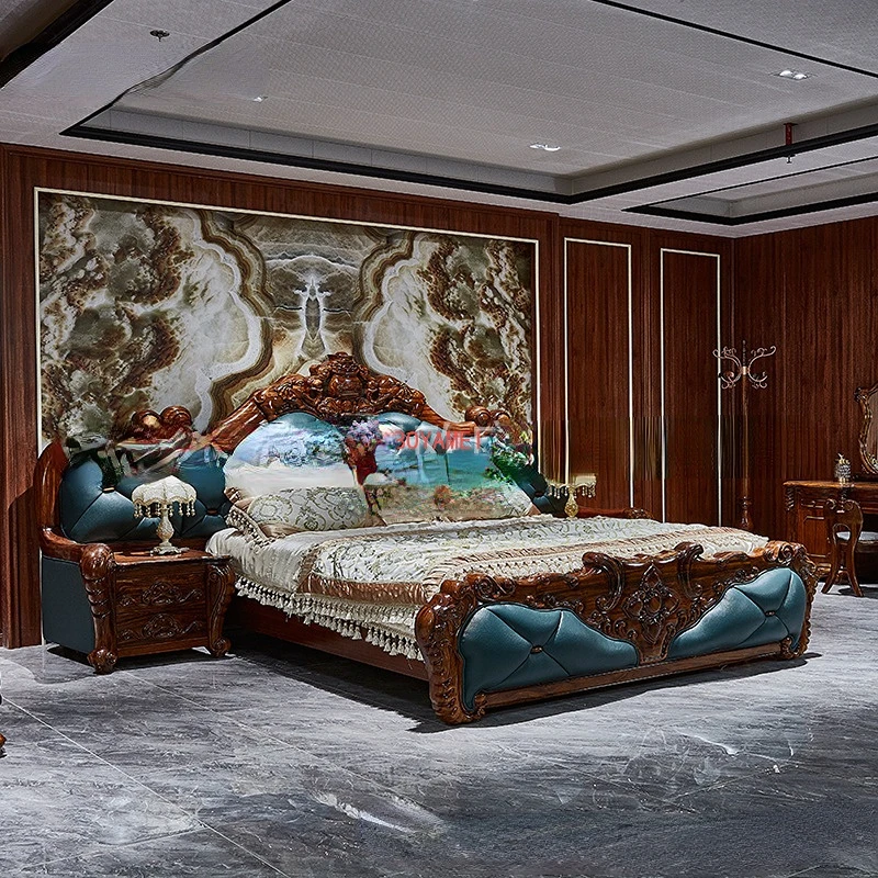 African ebony elephant carved European-style leather bed villa master bedroom luxury double bed wedding bed