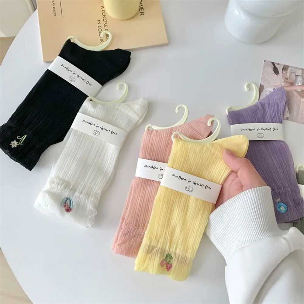 Soft Flower Embroidery Solid Color Summer Elastic For Women Mesh Socks Middle Tube Socks Female Hosiery Hollow Socks