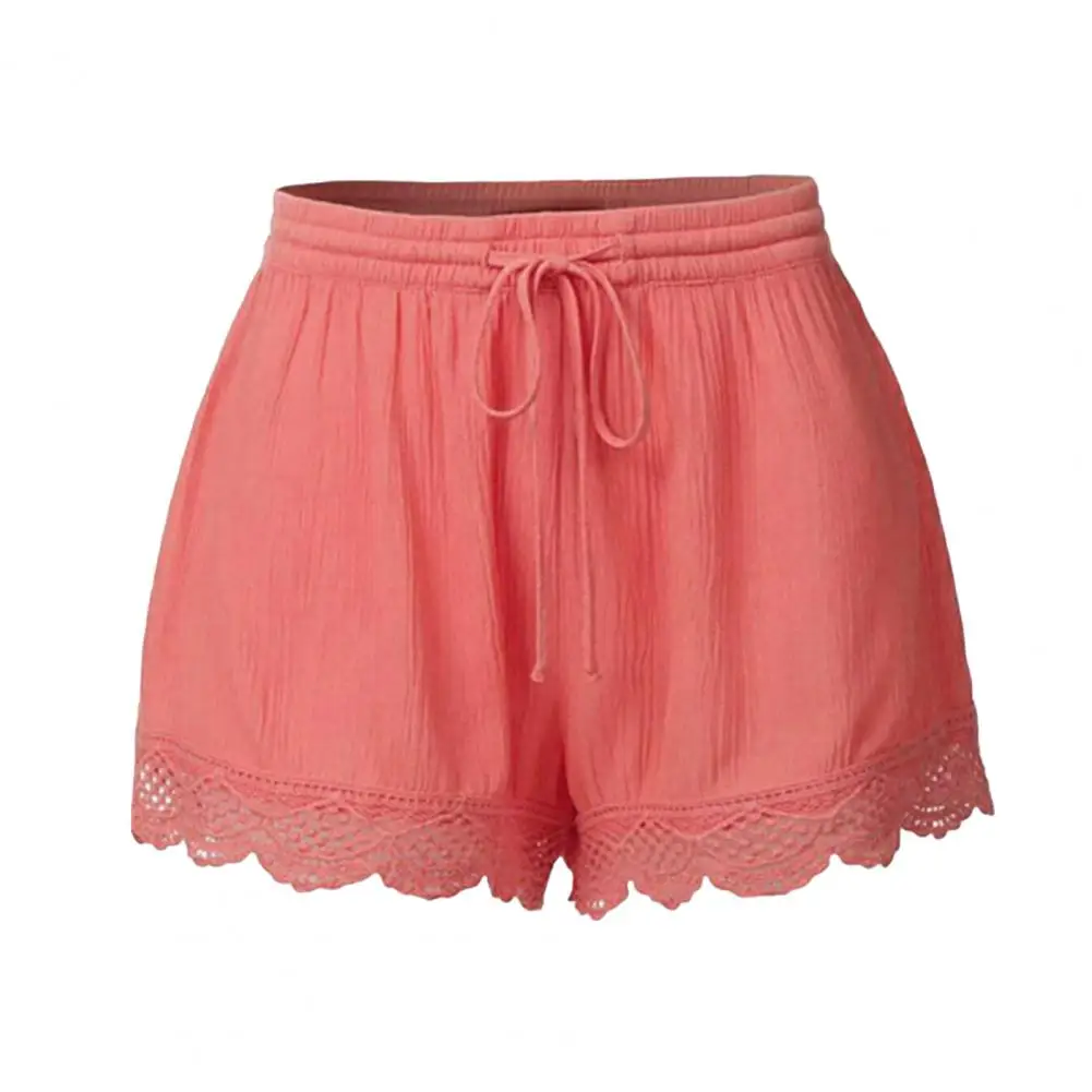 Women Summer Shorts Elastic Drawstring Waist Solid Color Lace Trim Shorts Loose Fit Elastic Tight Yoga  Lace Detail Leggings