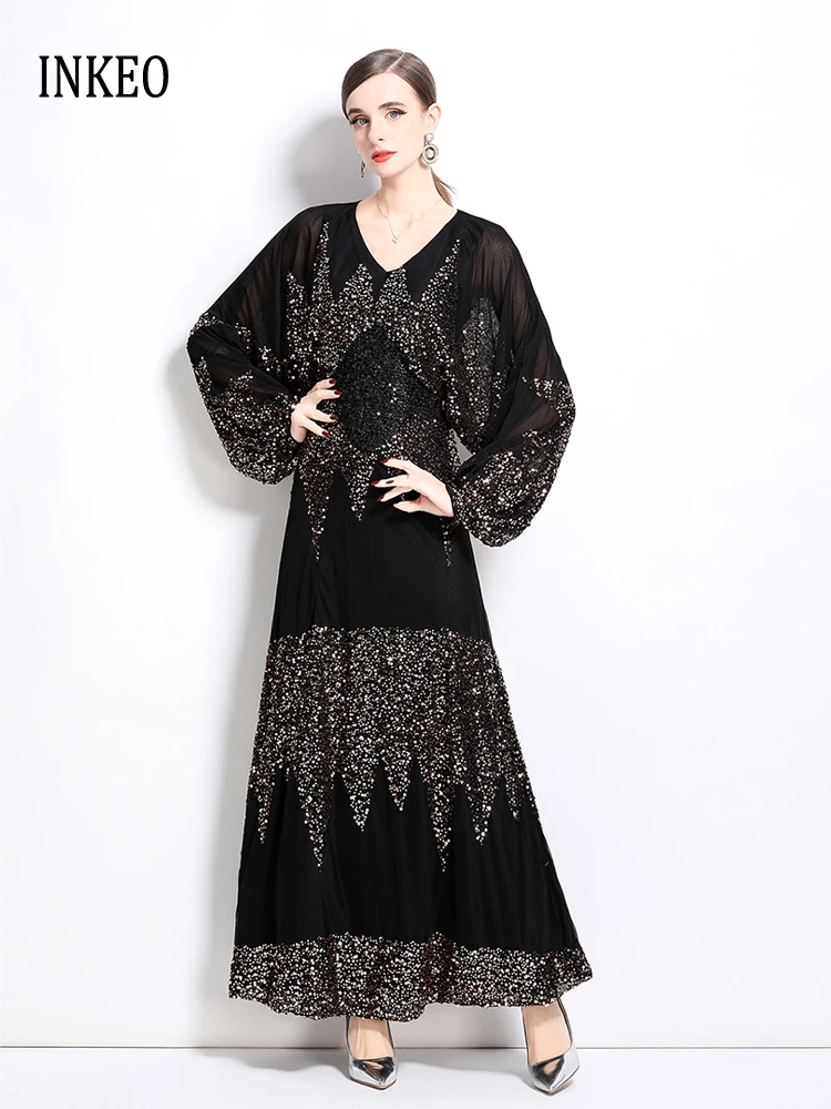 

Evening Women's Sequined X-Long dresses 2025 New Large size V-neck batwing sleeve Maxi dresses High quality Vestidos INKEO 5D075