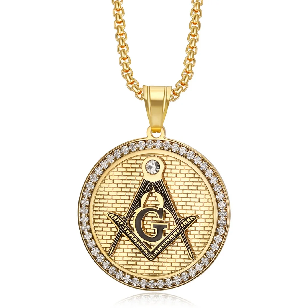 Hip Hop Iced Out Bling CZ Mason Pendant Stainless Steel Cubic Zirconia Round Masonic Necklace for Women Men Fashion Jewelry Gift