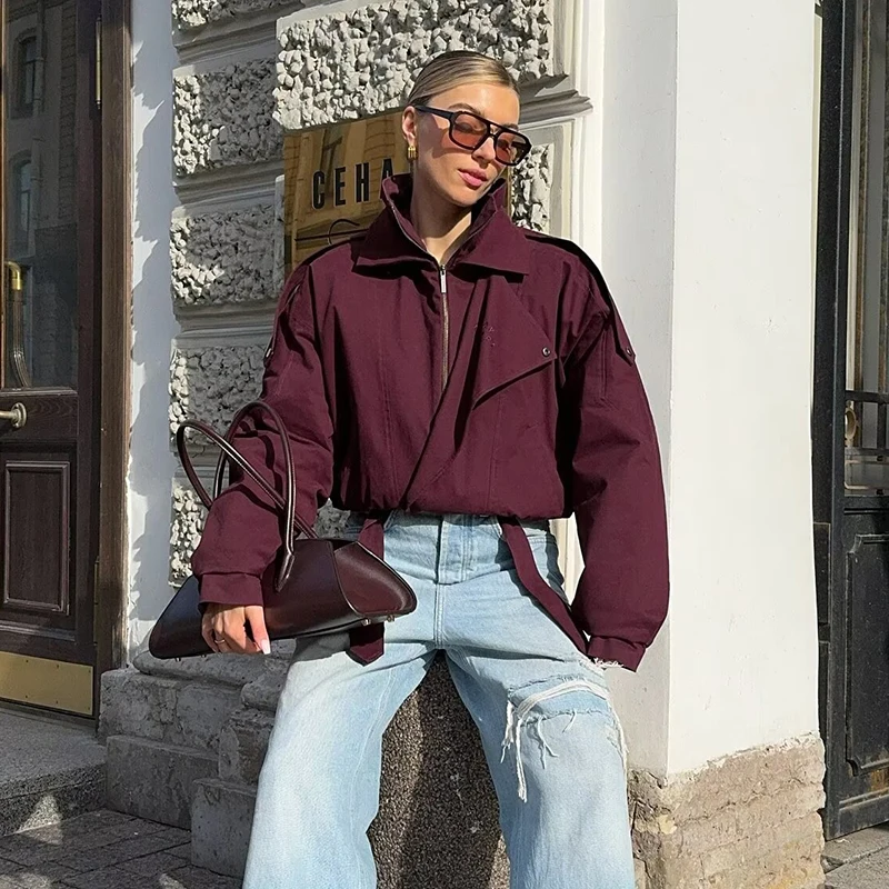 

Chic Burgundy Lapel Collar Lace Up Woman Windbreaker Elegant Loose Oversized Full Sleeves Coat New Autumn High Street Jackets