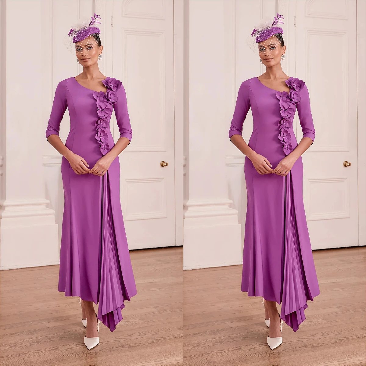 Customized Lilac 3/4 Sleeve Mermaid Mother of Bride Dress Asymmetric Shoulder 3D Floral Pleated Formal Party Wedding Guest Dress