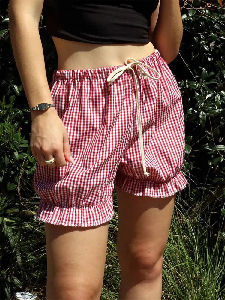 

Women's Fashion y2k Chic Bloomers Shorts Plaid Ruffles Drawstring Elastic Waist Short Pants Summer Casual Shorts