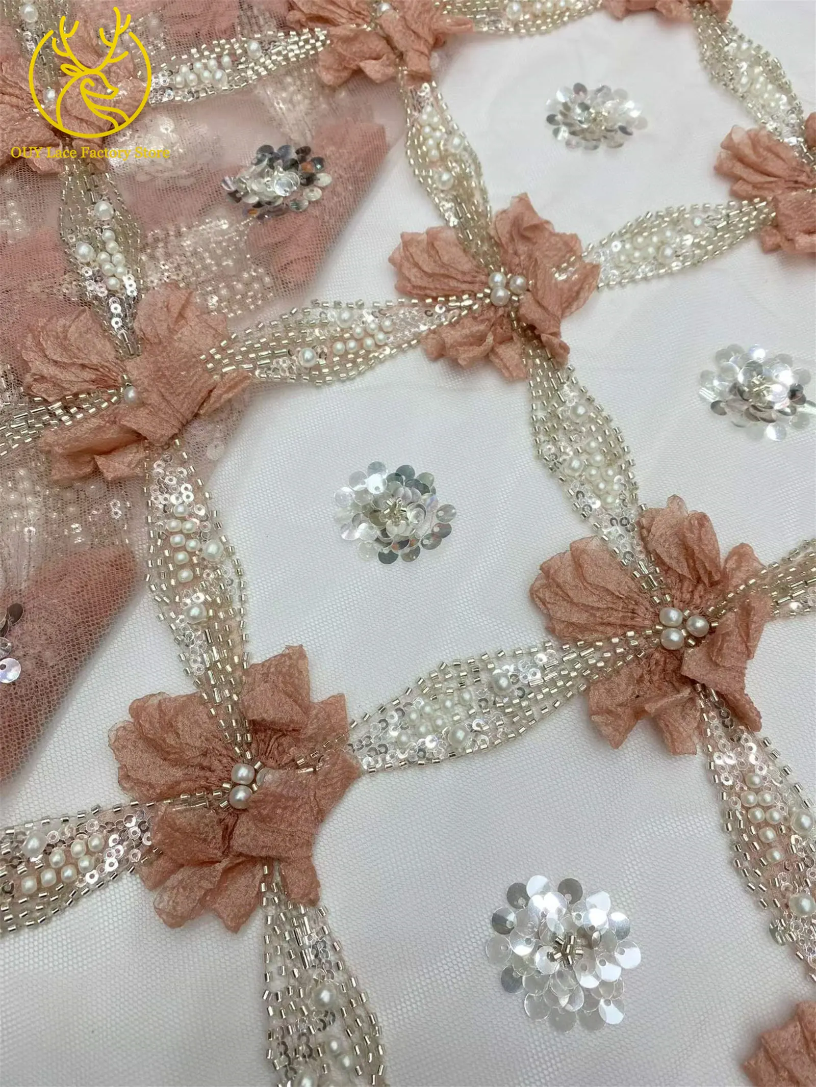 Eleganter, modischer nigerianischer 3D-Tüll-Pailletten-Spitzenstoff, hochwertiger afrikanischer Perlen-Spitzenstoff zum Nähen von Hochzeitskleidern, 5 Yards – Detail 7