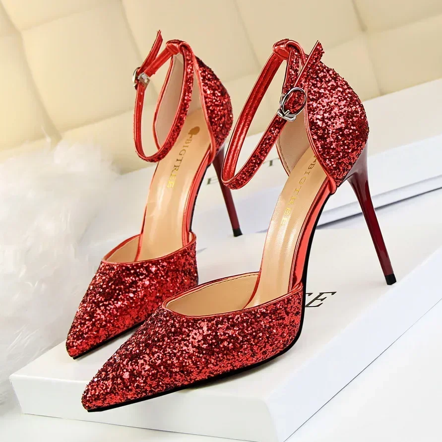 Women Glitter Sequin Fetish Ankle Strap 9.5cm High Heels Sandals Lady Party Luxury Gold Red Stiletto Wedding Bridal Dress Pumps