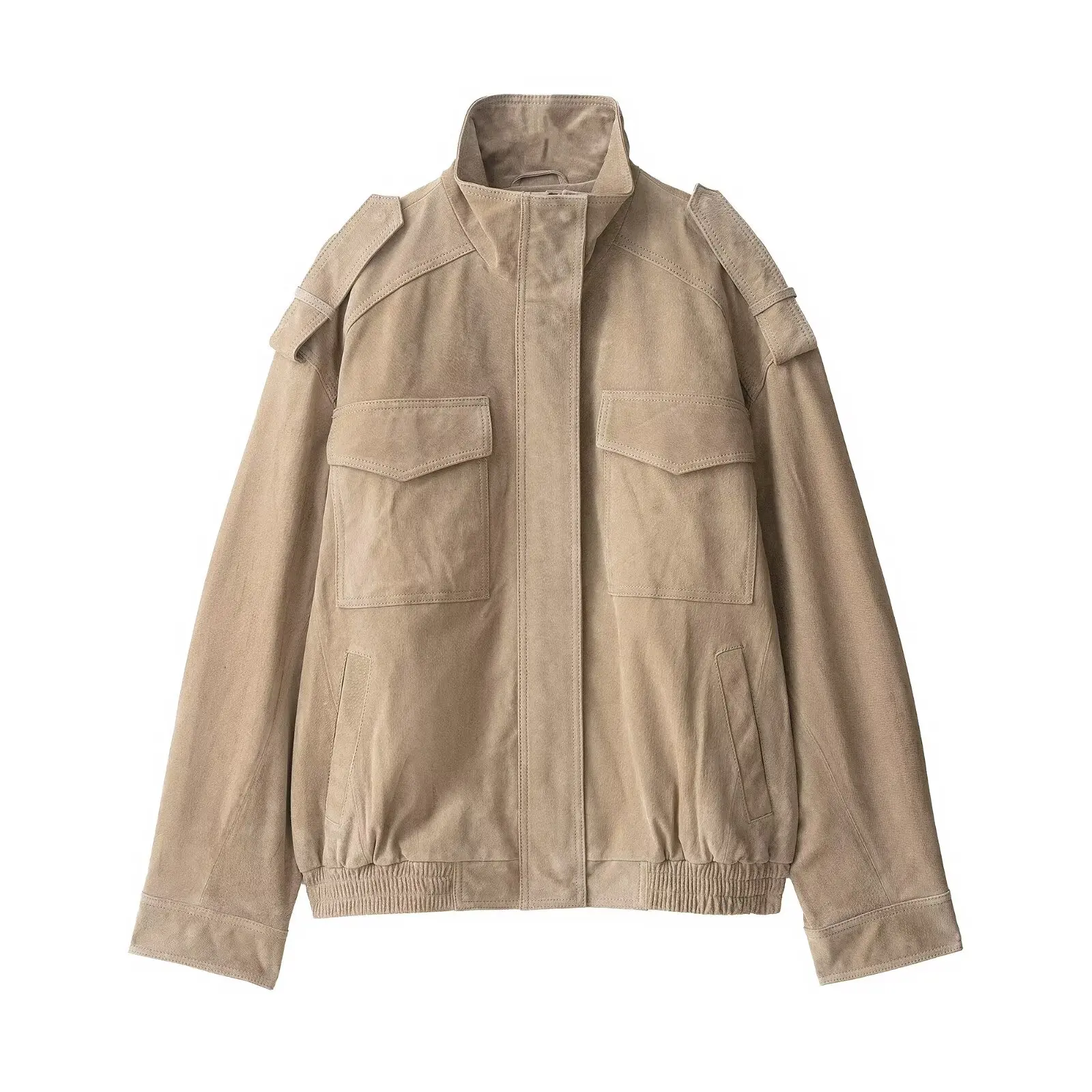 

2025 New Women's Fashion Jacket Solid Color High-Neck Long Sleeve Pocket-Detailed Zipper Women's Fall High-Street Jacket