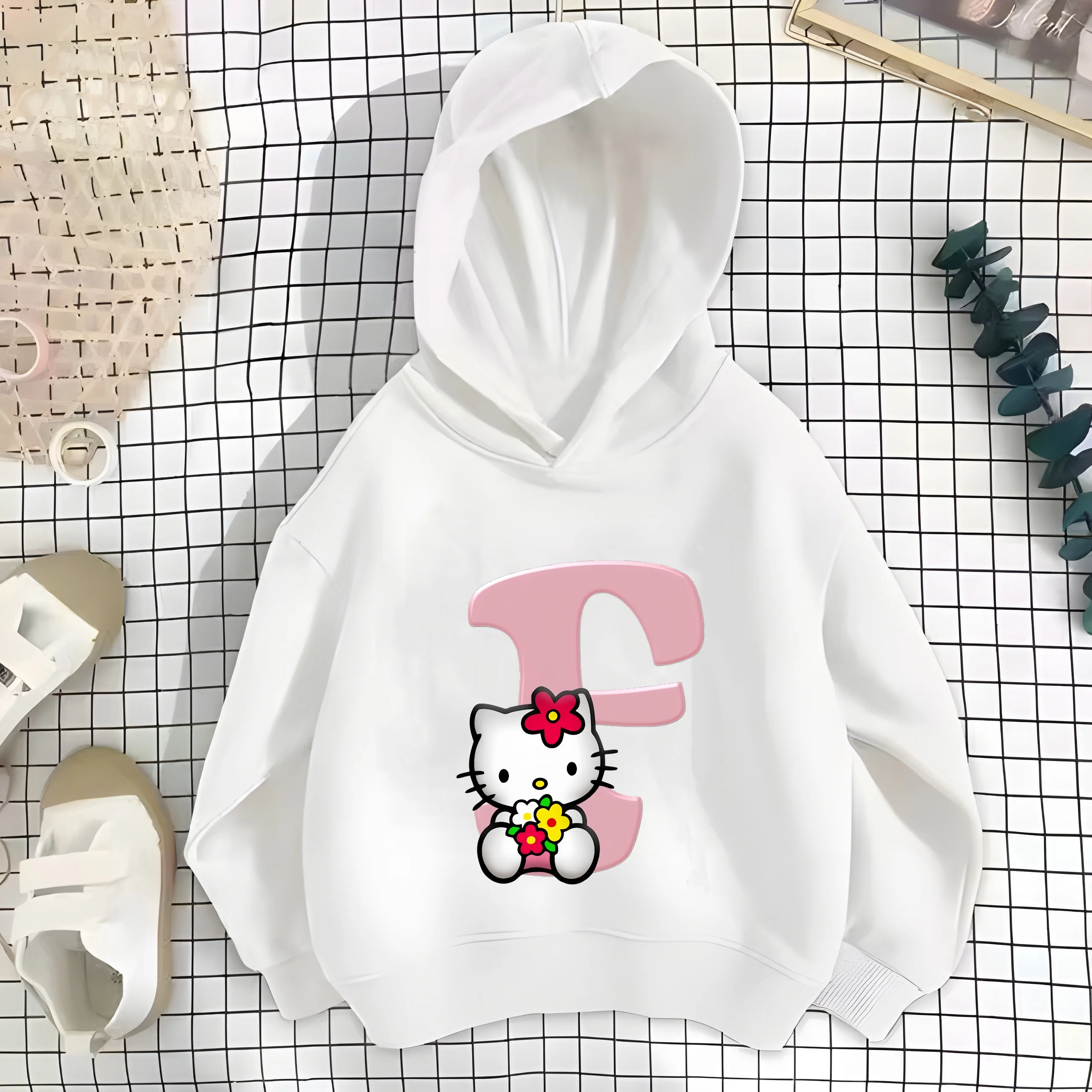 Hello Kitty Children Hoodies Pink Letter A B C D Sweatshirts Girls Clothes Kawaii Pullover Anime Cartoons Boy Kids Casual Tops