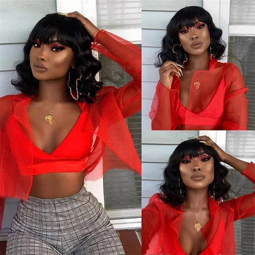 Imagen 2 del producto Peluca Bob corto, peluca de cabello humano ondulado con flequillo, hecha a máquina, sin pegamento, para mujeres negras, peluca de cabello humano ondulado suelto