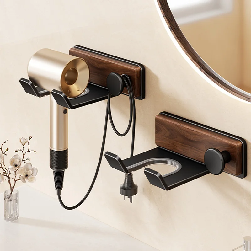 الخشب مجفف الشعر حامل الحفر خالية الذاتي لاصق مجفف للنفخ حامل ل دايسون مجفف شعر الجوز تخزين الرف الحمام شماعات الرف #1