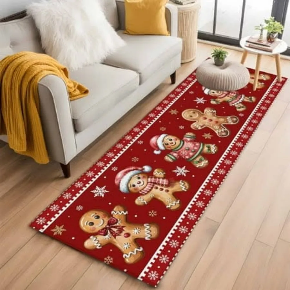 Christmas Runner Rug Cute Gingerbread Man Printed Long Hallway Mat Non Slip Soft Area Carpet for Sofa Living Room