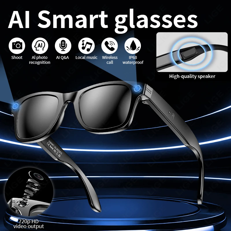 LIGE كاميرا جديدة نظارات ذكية بلوتوث دعوة الموسيقى الذكية النظارات الشمسية صوت مساعد AI نظارات الرياضة صور كاميرا فيديو نظارات