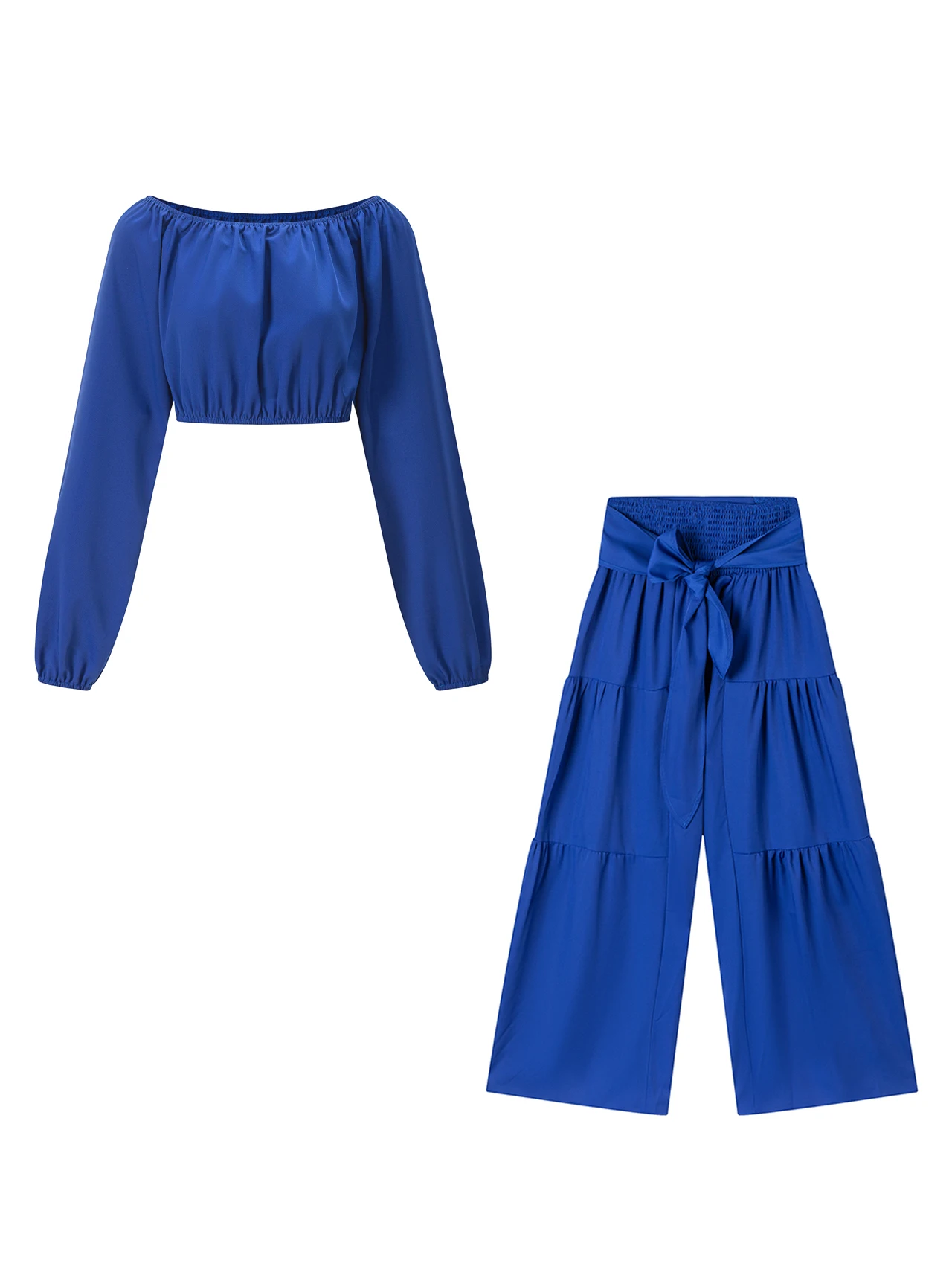 Pant Sets for Women 2026 New Long Sleeve Slash Neck Lace-up Solid Wide-leg Women Pant Set Two Piece Sets Womens Outifits Q6939