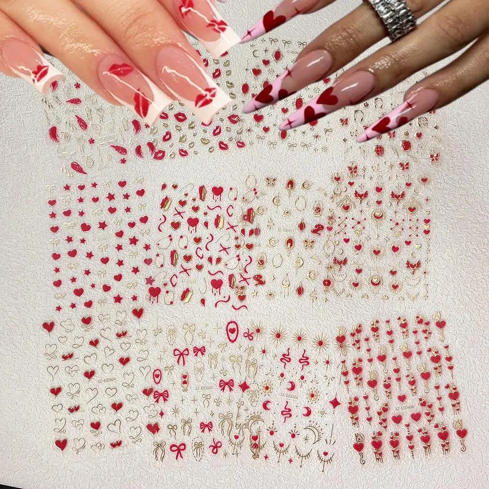 

12Pcs 3D Red Love Kiss Lip Valentine's Day Nail Stickers Gold Heart Bow Star Moon Sun Nails Decals Self-Adhesive Manicure Slider