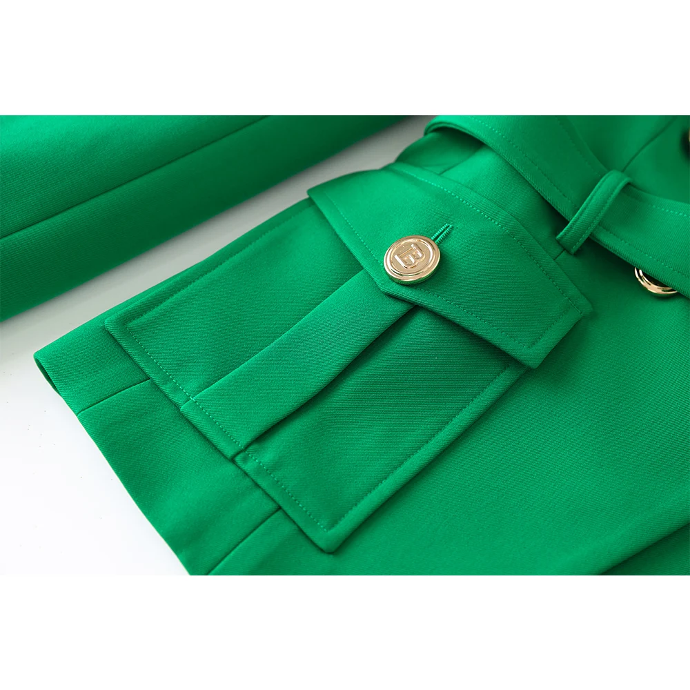 Hot Selling American Style Fresh Spring Pocket Design Women Street Green Blazer with Blet Quality Lady Slim Jackets