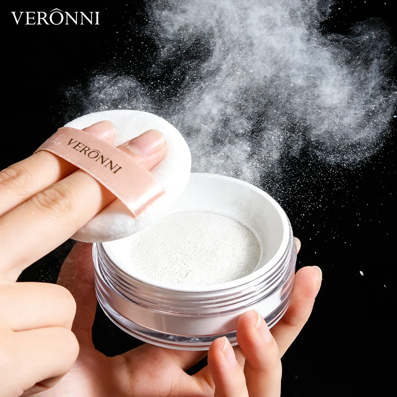 VERONNI Polvo Fijador con Brocha Suave, Ligero, de Larga Duración, Acabado Natural, Control de Grasa, Kit de Maquillaje Facial