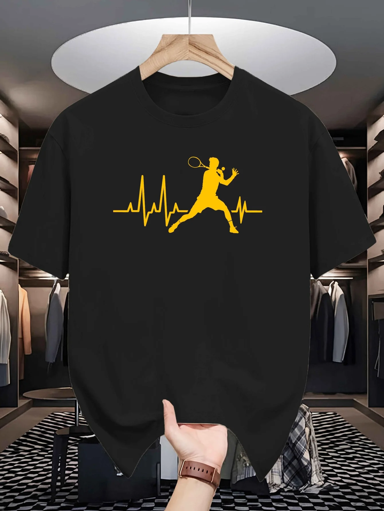 Tennis Heartbeat Silhouette Print Mens Crew Neck T Shirt Sports Pulse Graphic Short Sleeve Casual Cotton Trendy Street Tees