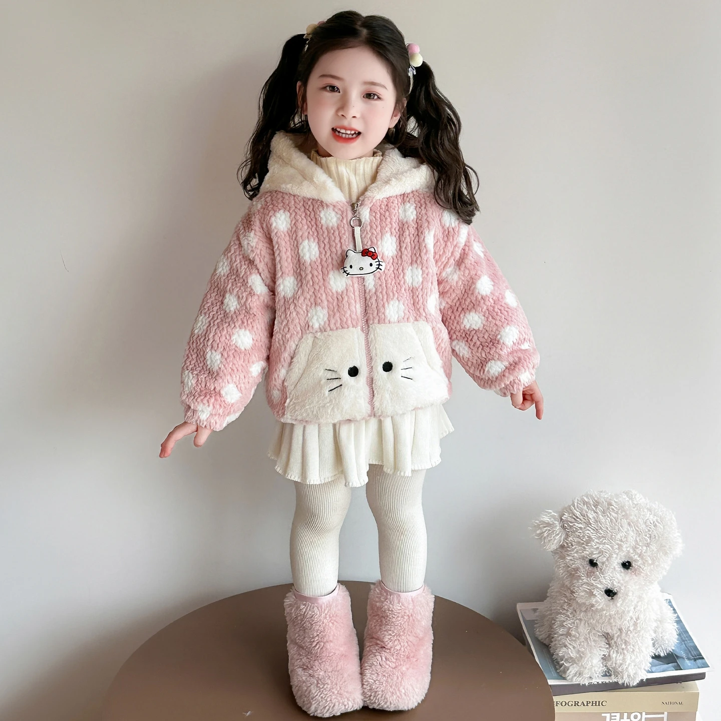 

Kids Girls Hooded Plush Coat Autumn Winter New Cute Cartoon Long Sleeve Thicken Outerwear Chic Zipper Design Warm Jackets