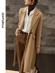 SENTUBILA Longline Wool Over Coat for Women 2024 Winter Elegant Notched Collar Belted Maxi Wool Blend Coats Outerwear W24O42057