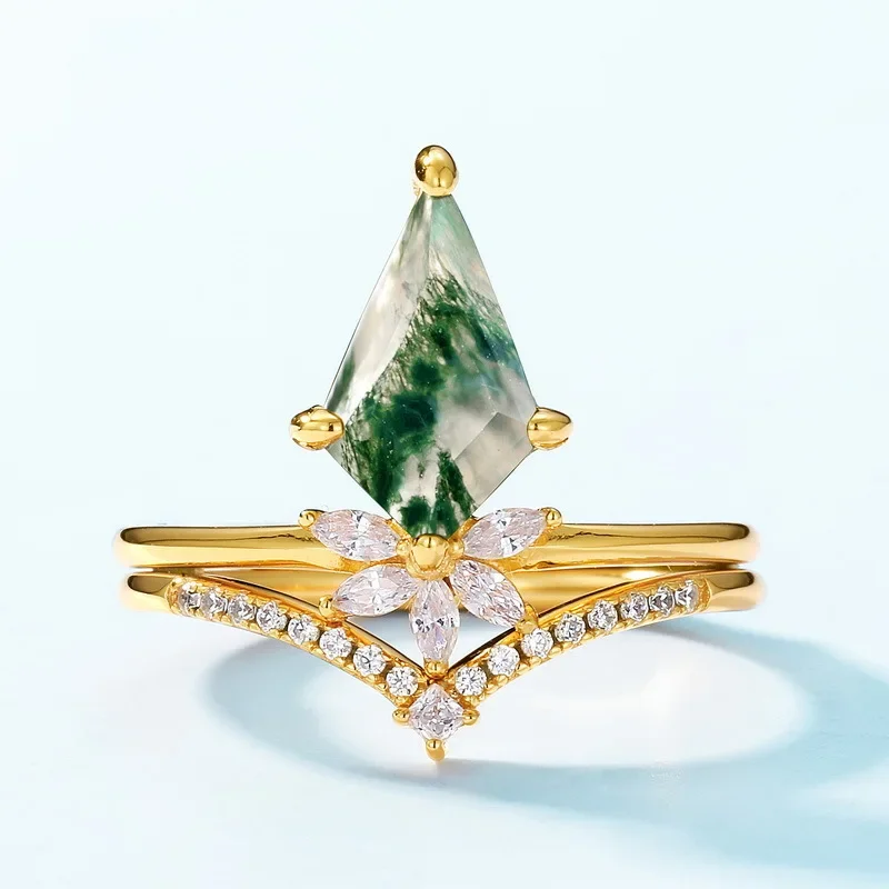 Crown Green Moss Stone Ring 18K Gold Inlaid with Colored Baby Stones PT950 Platinum Agate Combination Ring