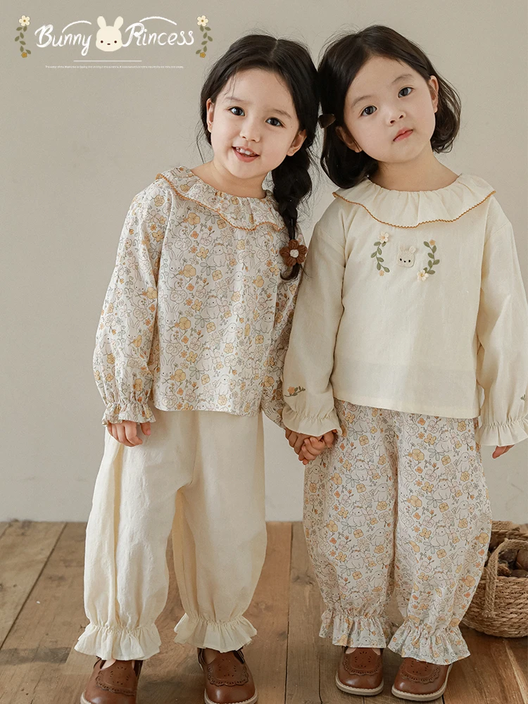 

Girl's Forest Fragmented Flower Set Spring Sweet Cute White Rabbit Dress Lotus Leaf Lapel Shirt Multi Piece Set Trendy