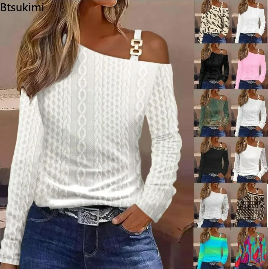 

2024 Women's Fashion Long Sleeve Shirts Sexy Shoulder Metal Buckle Design Long Sleeve Blouses Casual Elegant Loose Shirts Female