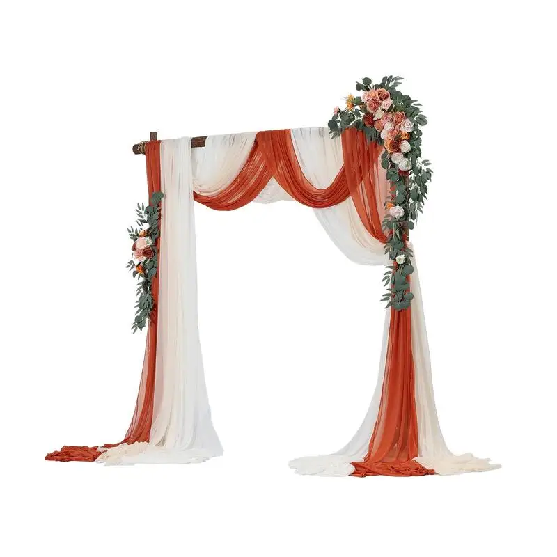 

（Excluding rod）Faux Floral Archway Decor 5-Piece Set For Ceremony Reception Backdrop, Orange Flower Swag 3 Sheer Drapes Kit Arrangement Ornament