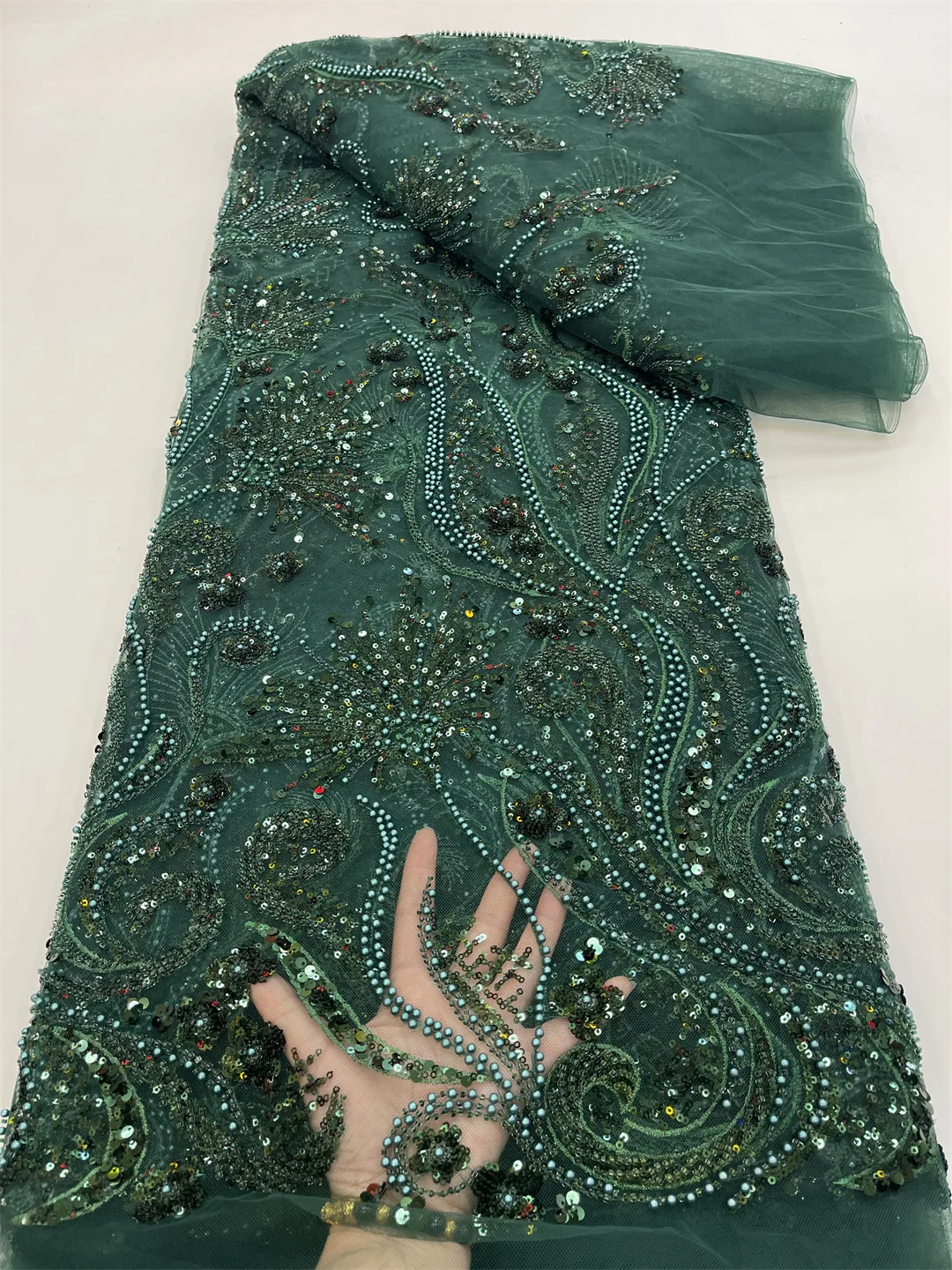 

Luxury Nigerian Fabric African Beaded Lace Fabric Embroidery Lace French Mesh Sequins Lace Fabric Nigerian Tulle Lace For Party