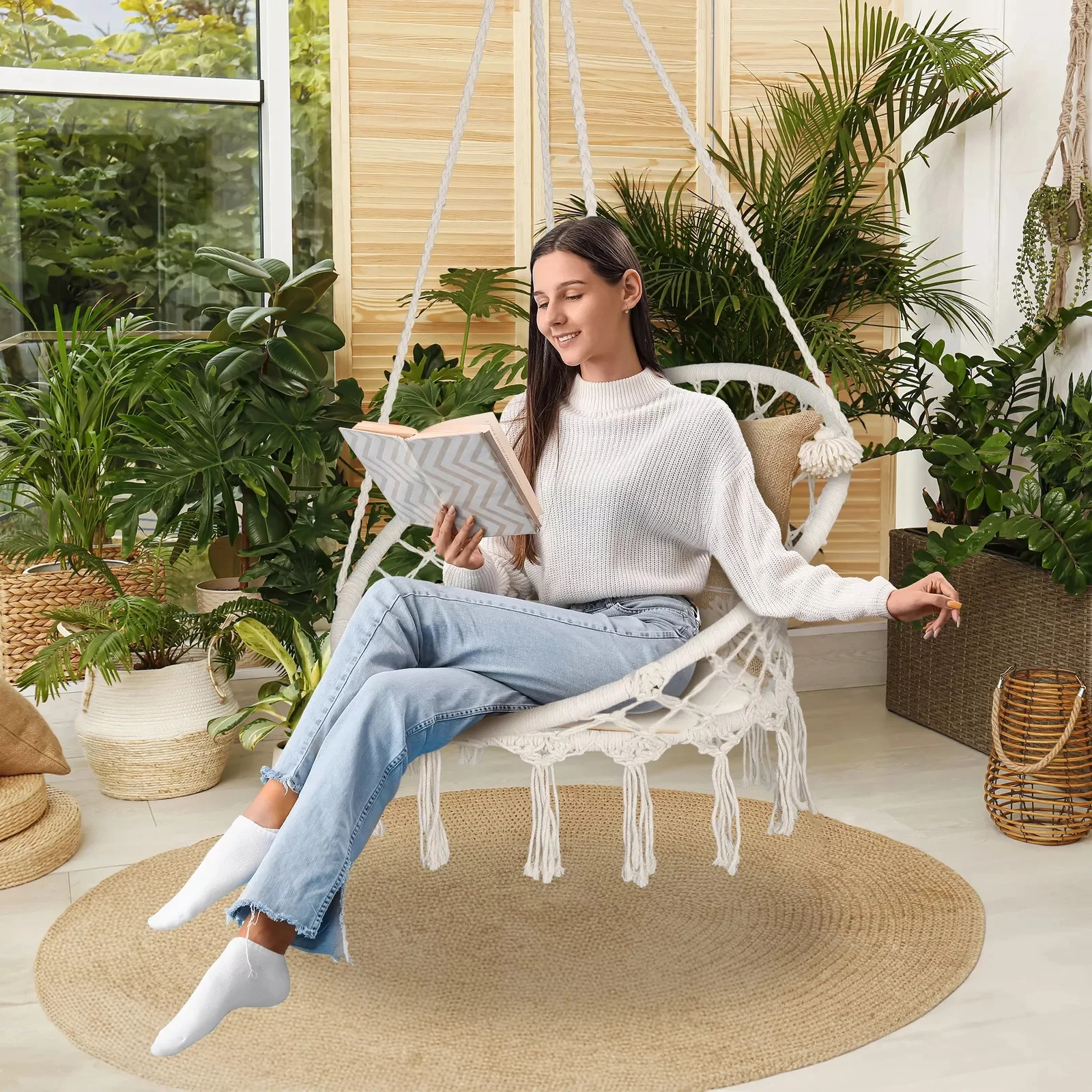 Chaise hamac beige, balançoire en macramé, ULen coton, parfaite pour l'extérieur et l'intérieur