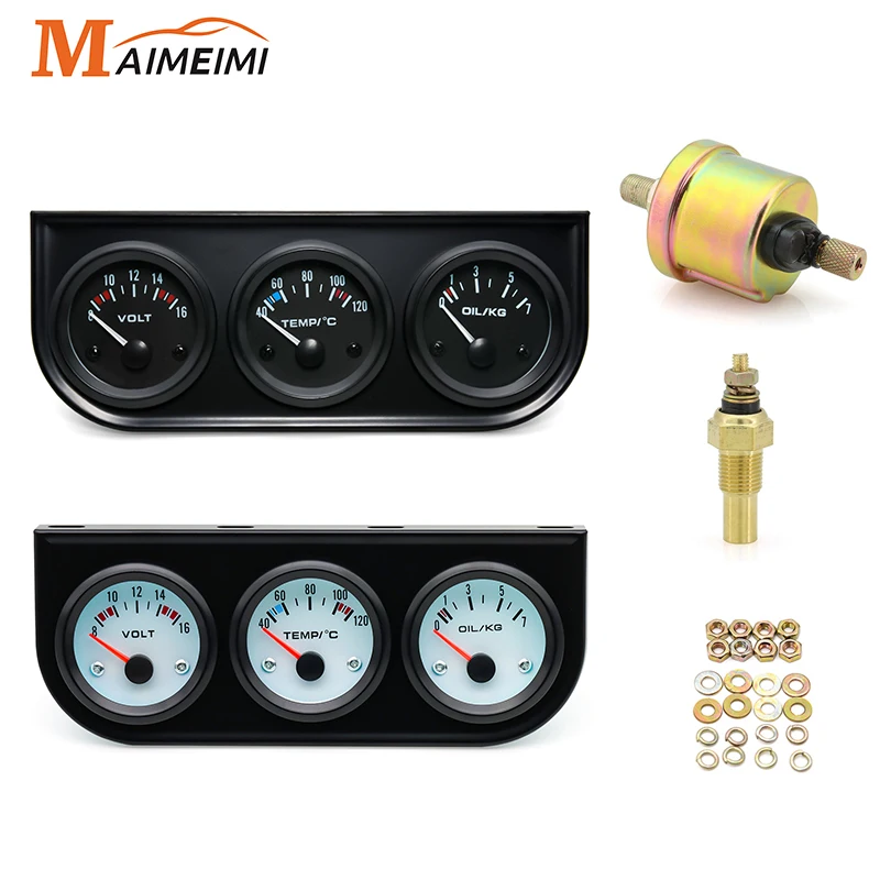 3 in 1 Car Gauge Kit 52mm Voltmeter 8-16V Water Temp 100-250°F 0-7/KG Oil Pressure Gauge With NPT 1/8 Sensor Triple Meter