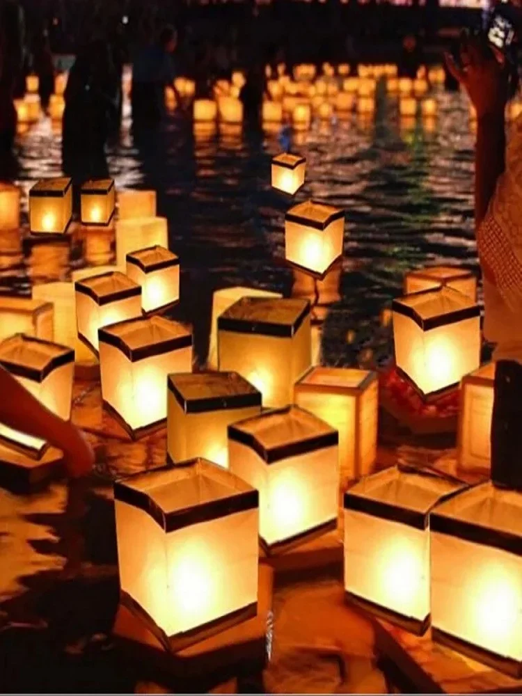 

50PCS Colorful Square Water Lanterns Floating Candle Holder Paper Wishing Lotus Pray River Lanterns for Celebrations Party