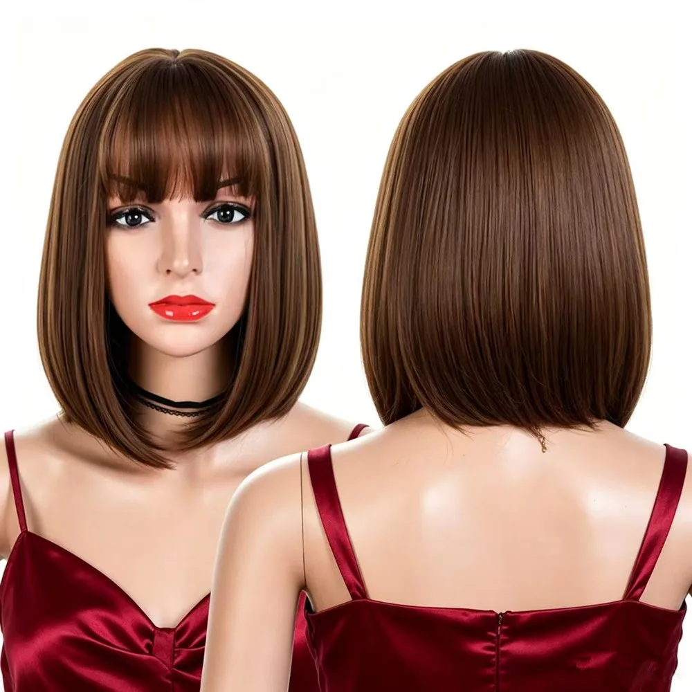 

12" Brown Straight Bob Wig with Bangs Heat Resistant Synthetic Hair Short Natural Daily Party Cosplay Wig for Women