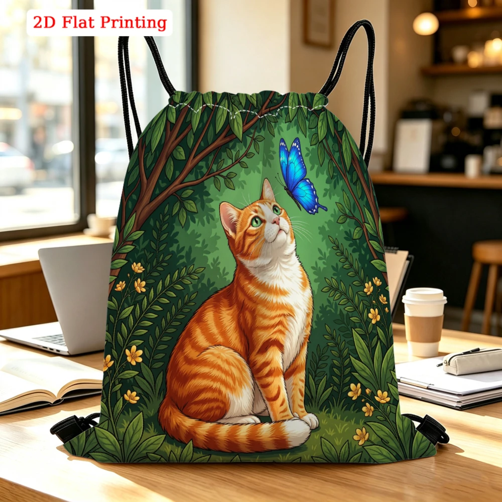 Orange Cat Green Forest Butterfly Drawstring Backpack for Travel, Shoes, Fitness Sports, Outdoor