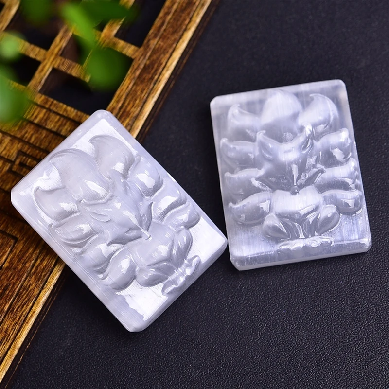 2PCS Natural Selenite Nine-tailed Fox Pendant Healing Gemstone Carved Figurine Gift Fashion Jewelry For Women Gift 38MM