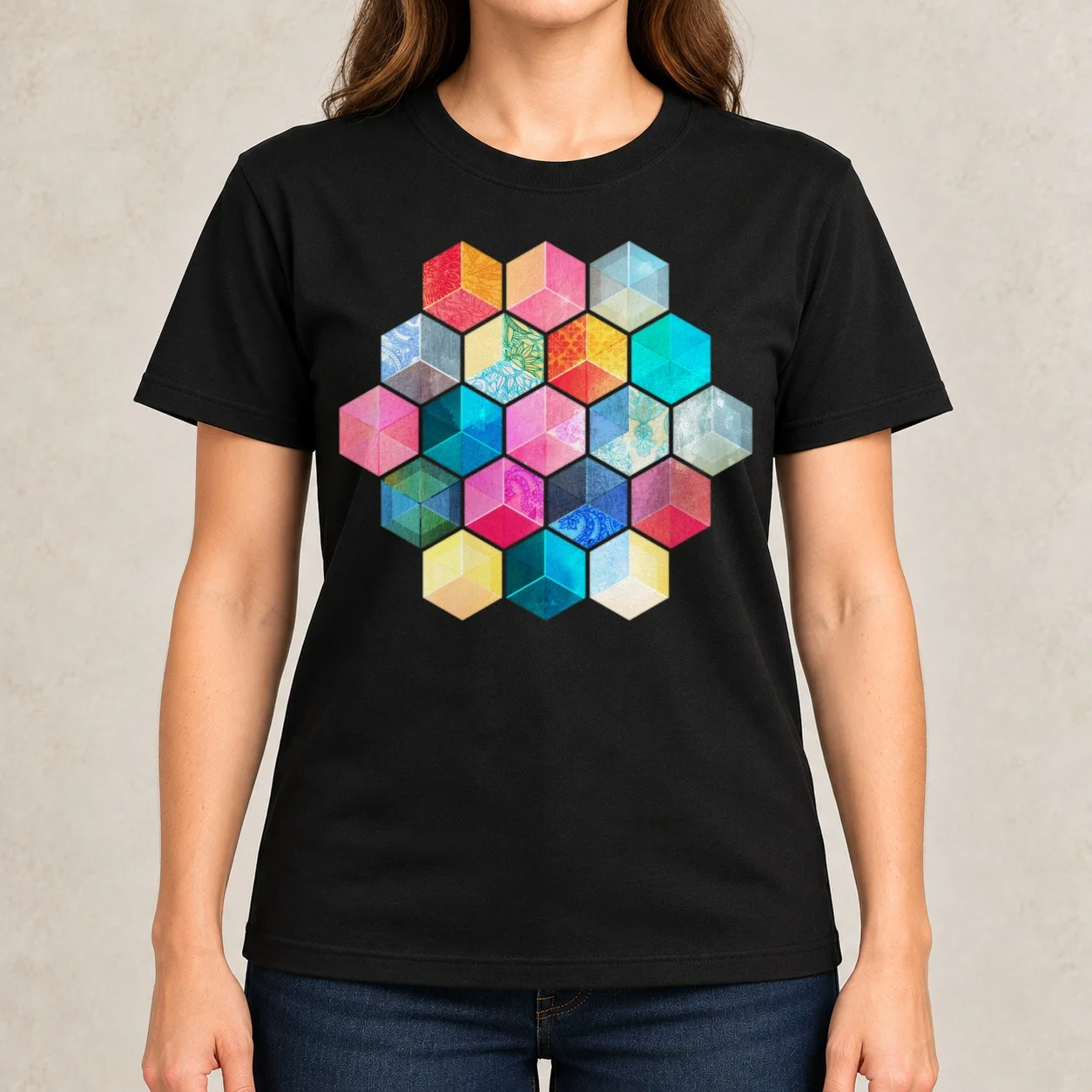 Crystal Bohemian Honeycomb Cubes - colorful hexagon pattern Women T-Shirt graphics funnys workout shirts for Women loose fit