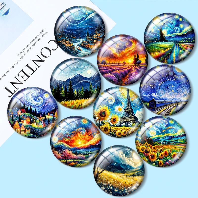 Sztuka abstrakcyjna Gwiaździste niebo 10 szt. Kolorowy rysunek 12 mm/16 mm/18 mm/25 mm Okrągłe zdjęcie Szklany kaboszon Demo Płaski tył Dokonywanie ustaleń