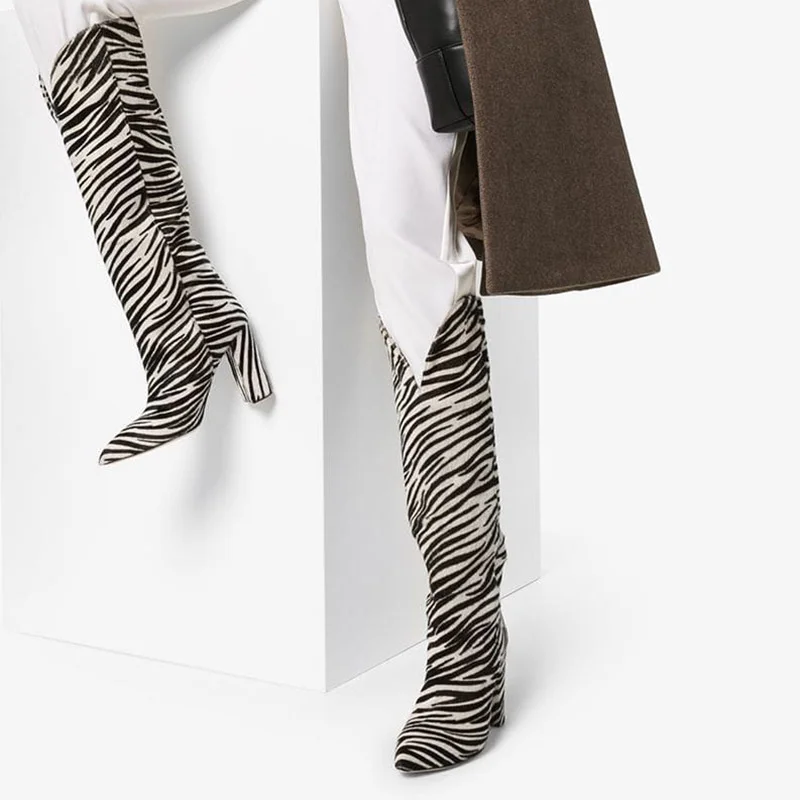 

Zebra Stripes Knee Boots Pointed Toe Chunky Heels Designer Botas Runway Pumps Autumn Zapatos Mujer Winter Women Shoes Luxury New