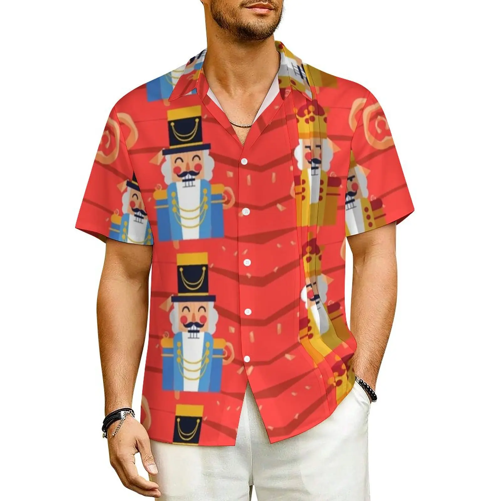 

Nutcracker Soldier Casual Shirt Christmas Print Novelty Hawaii Shirts Men Short Sleeve Vacation Streetwear Oversized Blouses