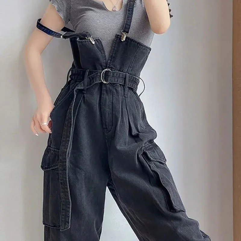 Workwear-style Wide-leg Denim Overalls Women,New Autumn Fashion Design With Retro Halter Jumpsuit Female Shoulder Strap Jeans