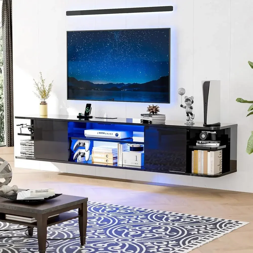 

63 Wall-Mounted Floating TV Stand with RGB Lighting, Storage, and Power Outlet for Living Room Entertainment Center