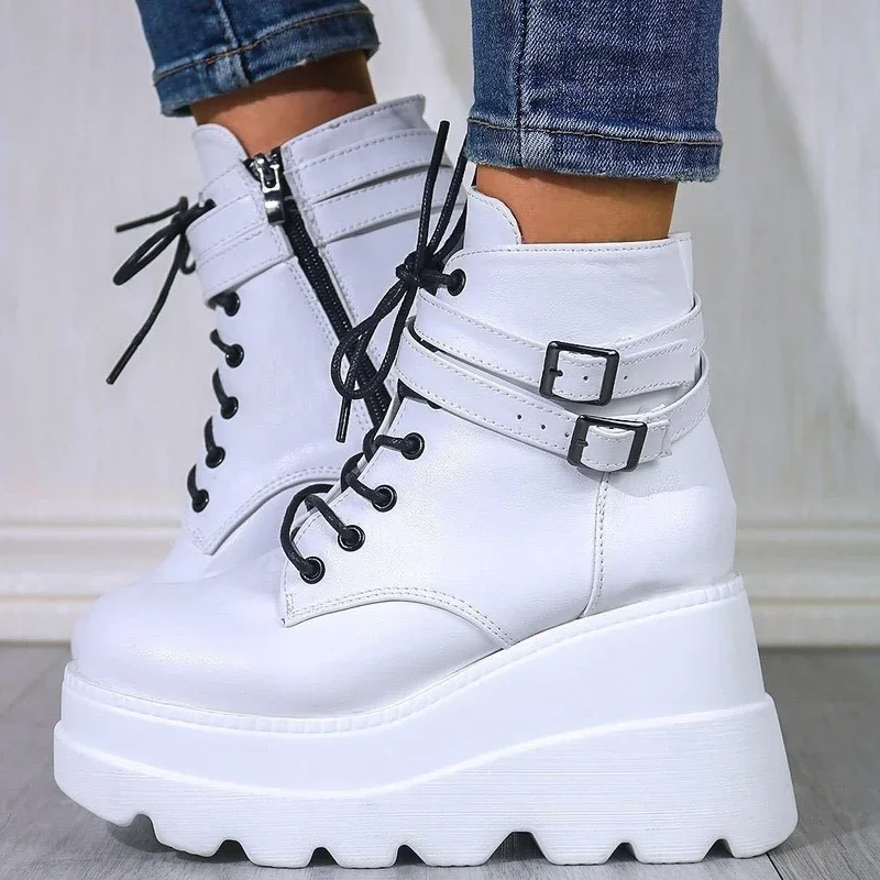

Women Punk Gothic Motorcycle Boots 2025 Platform Chunky High Heel Ankle Boot Ladies Cool Wedge Botas Mujer Female Shoes Big Size