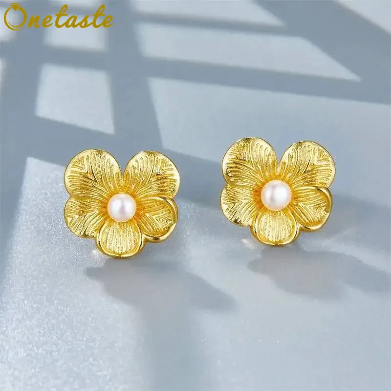925 Sterling Silver Gold Plated Natural Freshwater Pearl Flower Earrings For Women Clearance Limited Stock First Come First Get