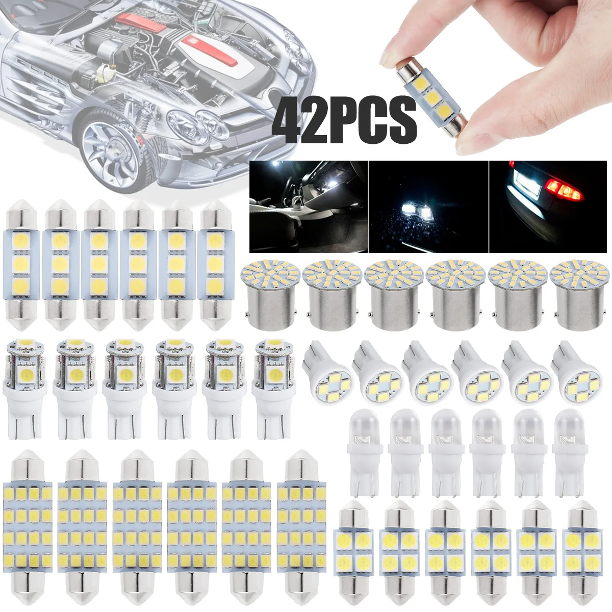 42Pcs LED Car Interior Lights T10 6000K SMD LED Replacement License Plate/Reading Light Bulbs Xenon White Interior Light Bulbs