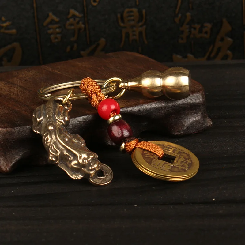 Brass Curved Chopsticks Fortune Creative Distressed Qing Dynasty Five Emperors' Coins Gourd Car Key Ring Pendant Accessories Sta