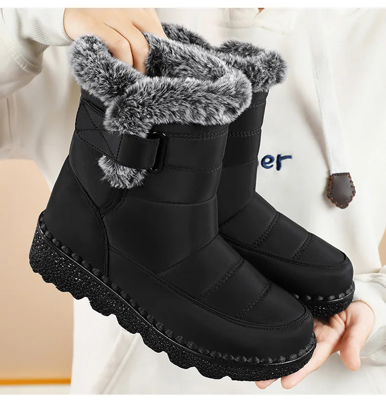 Damen-Schneestiefel bis zur Mitte der Wade, warm, mit Plüschfleece gefüttert, mit Klettverschluss, Pompon-Dekor, rutschfeste dicke Sohle, Winter-Freizeitschuhe für kaltes Wetter. – Detail 21