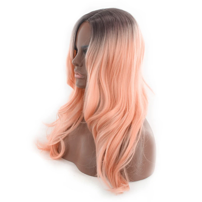New style no-bangs for women, middle-parted long curly hair with lotus pink highlights, synthetic fiber full wig - view 3
